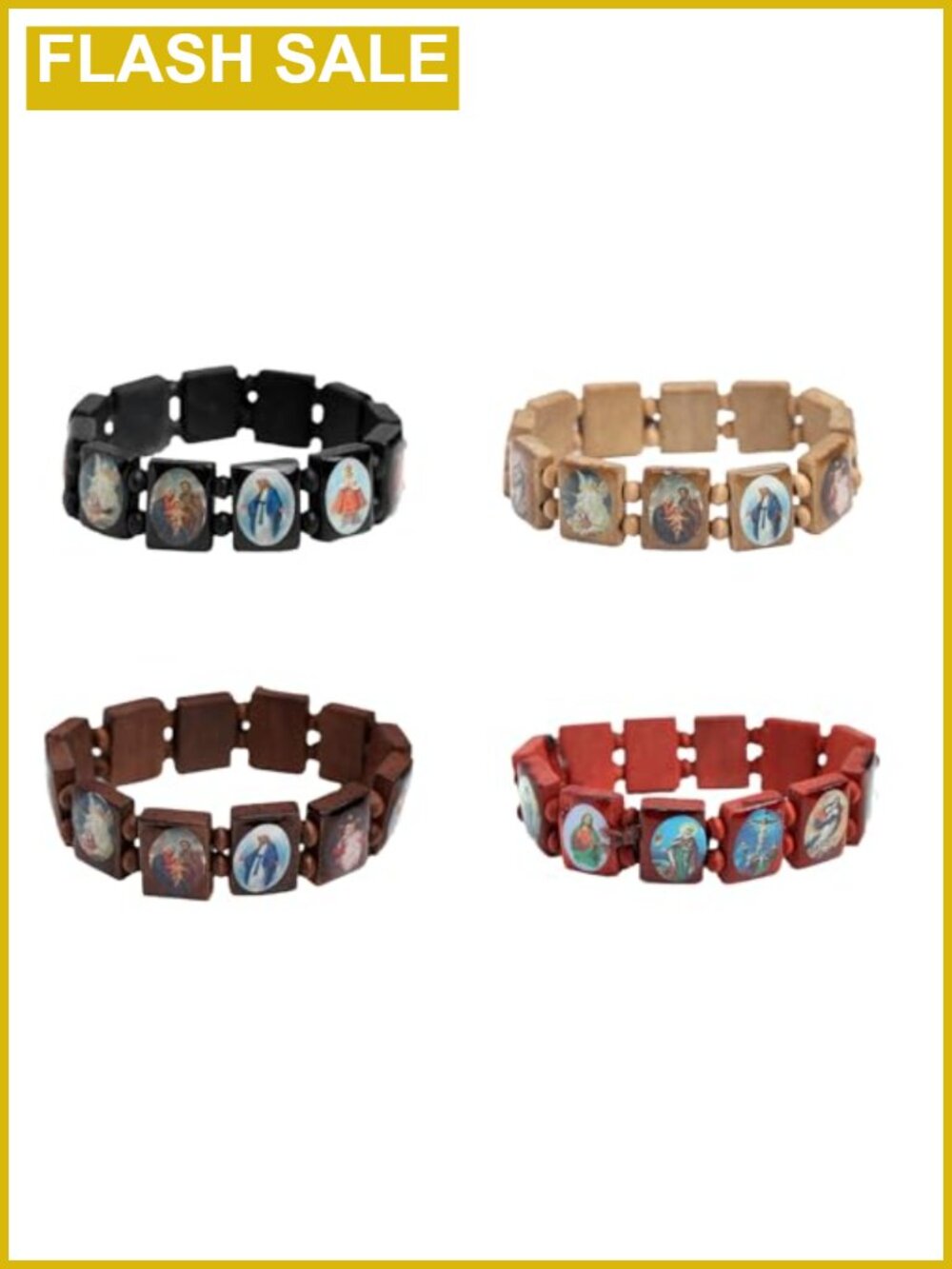 Wooden Catholic Rosary Bracelet Jesus Mary Saints Stretch Adjustable